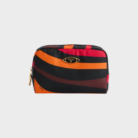 Tasoni Pucci small beauty case with orange, black, and red marmo print. Features gold-tone hardware and a signature logo plaque.
