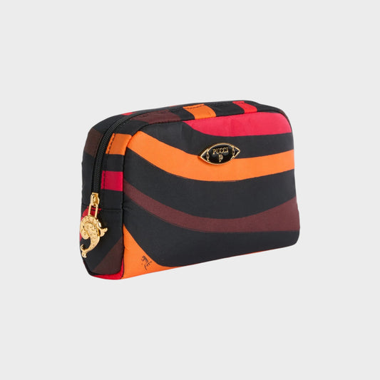 Tasoni Pucci small beauty case in orange, black, and red with a wavy marmo print and gold zipper charm.