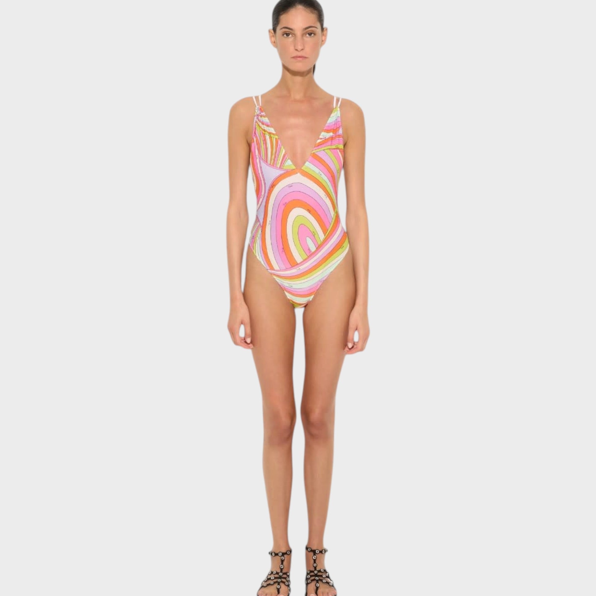 Tasoni Pucci multicolor Iride print V-neck one-piece swimsuit worn by a model against a plain light background.