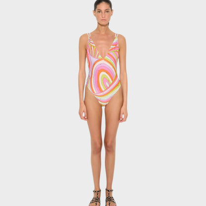 Tasoni Pucci multicolor Iride print V-neck one-piece swimsuit worn by a model against a plain light background.