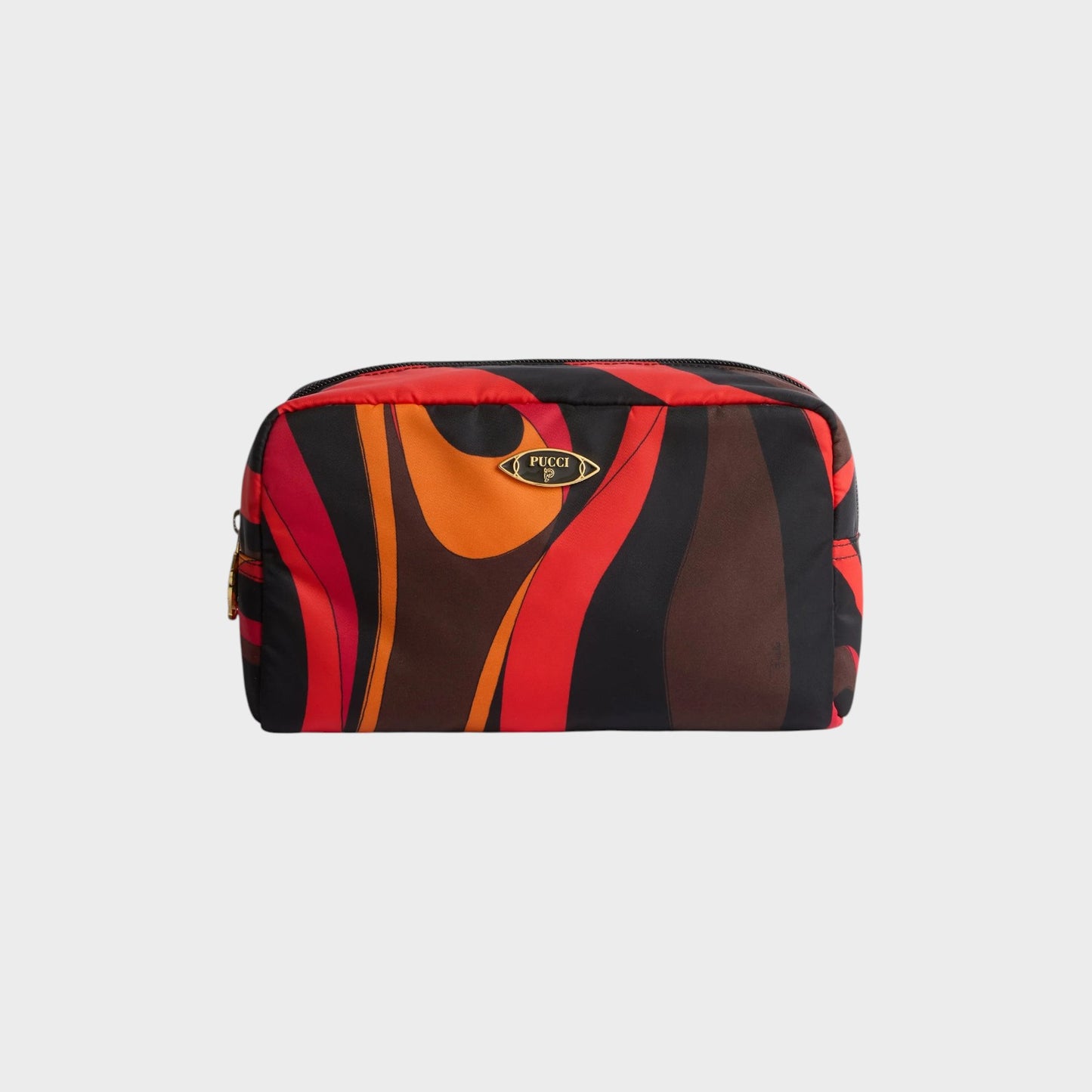 Tasoni Pucci bag with orange, red, and brown Marmo print on black nylon. Features gold logo detail.
