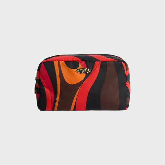 Tasoni Pucci bag with orange, red, and brown Marmo print on black nylon. Features gold logo detail.