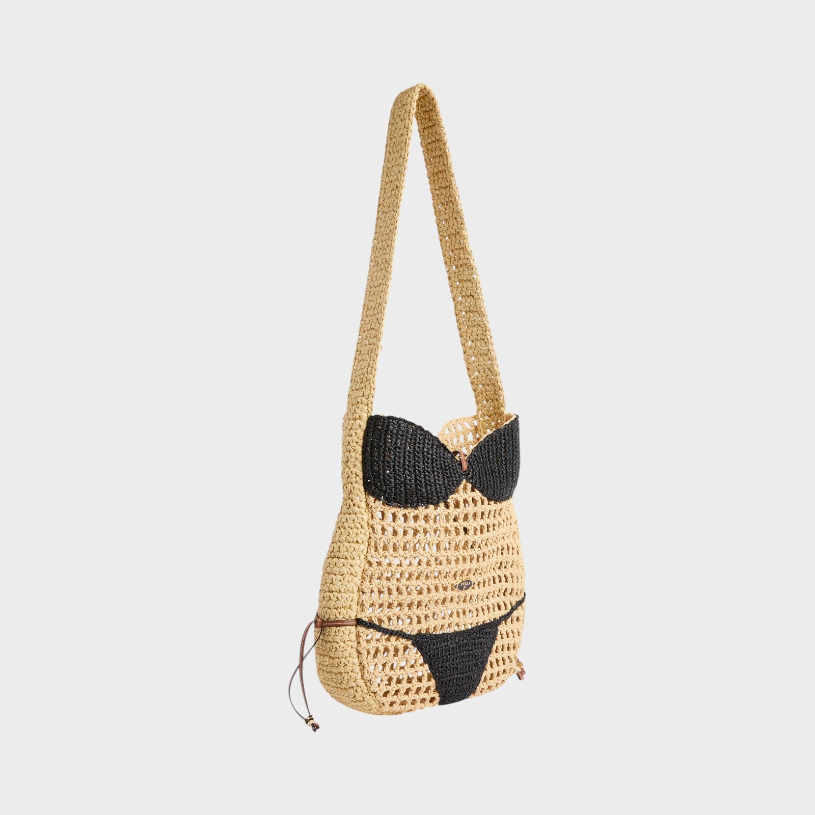 Tasoni Pucci raffia shoulder bag in natural and black, designed to resemble a bikini body.