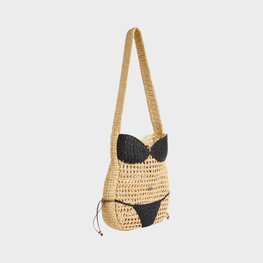 Tasoni Pucci raffia shoulder bag in natural and black, designed to resemble a bikini body.
