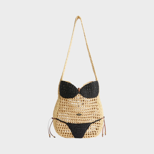 Tasoni Pucci Raffia Shoulder Bag in natural straw with black bikini detail. Adjustable drawstring sides.