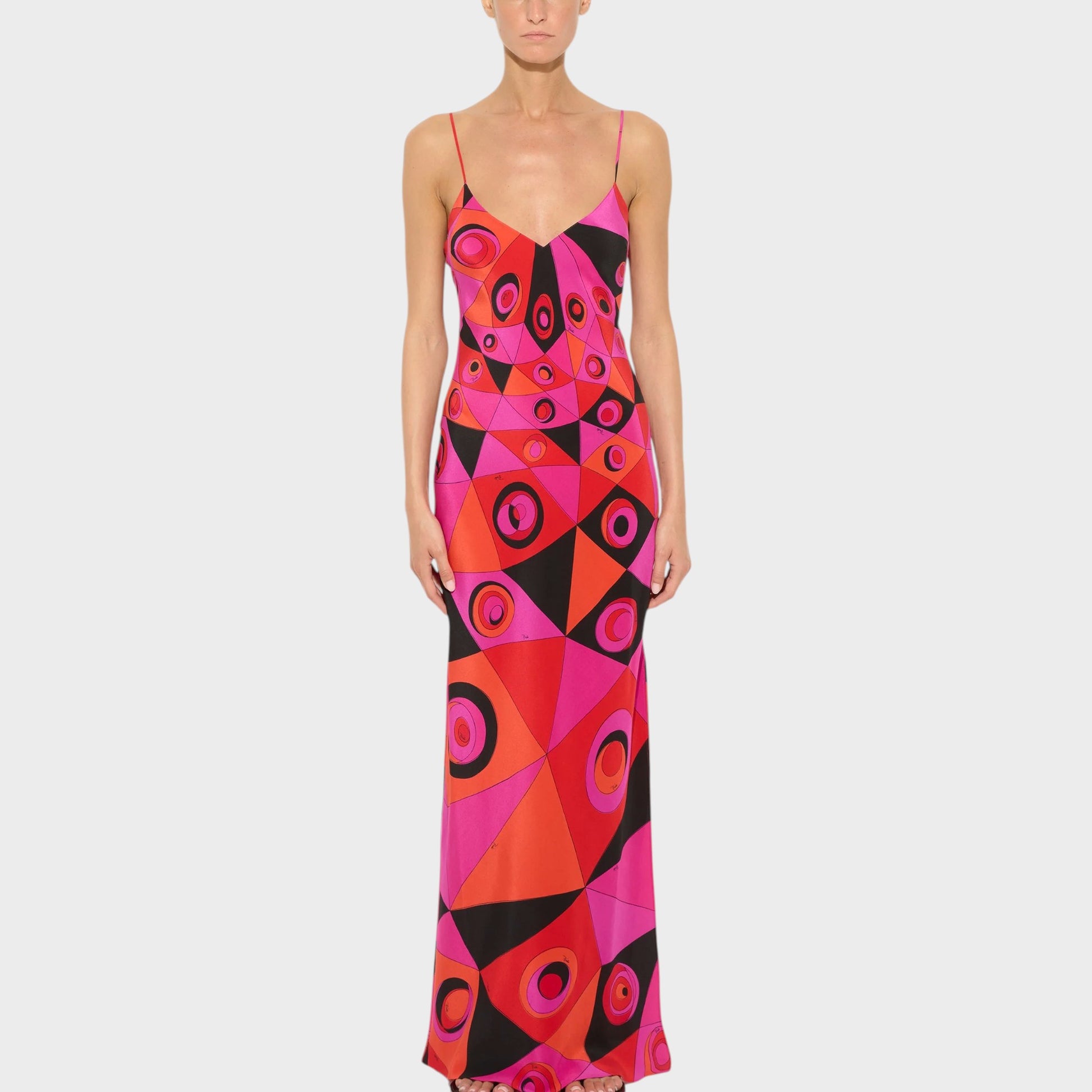 Tasoni Pucci dress in fuchsia, black, and orange silk with a geometric Occhi print and V-neck.
