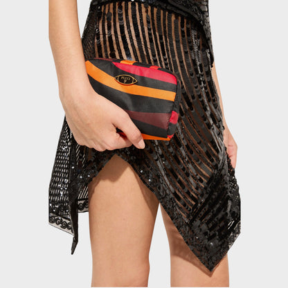 Tasoni Pucci small beauty case with orange, black, and red stripes and a gold logo detail.