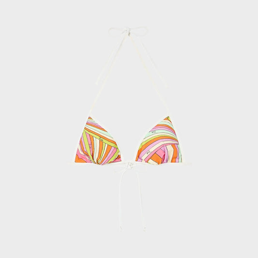 Tasoni Pucci triangle bikini top featuring a vibrant multi-colored wavy print with white tie-string straps.