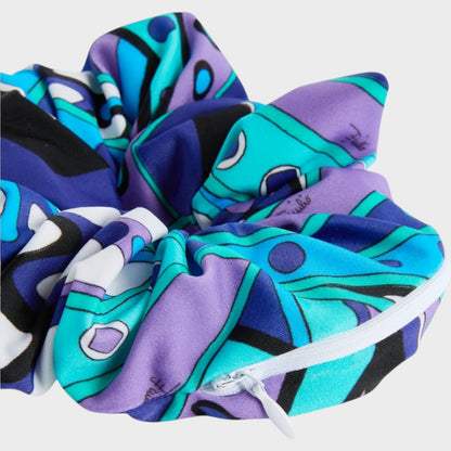 Tasoni Pucci turquoise blue scrunchie with iconic Vivara print and a hidden white zipper compartment.