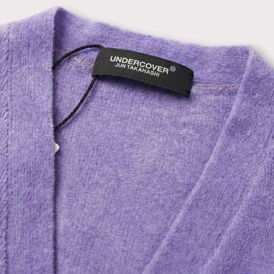 Tasoni Undercover Jun Takahashi purple v-neck knit cardigan with fuzzy texture.