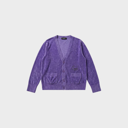 Tasoni purple velour V-neck cardigan with 'Cindy' embroidery and two front pockets.
