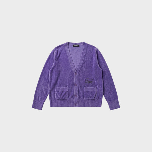 Tasoni purple velour V-neck cardigan with 'Cindy' embroidery and two front pockets.