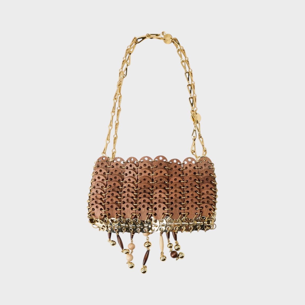 Tasoni Rabanne Wood Nano Bag featuring polished brown wooden discs, gold chain strap, and dangling bead accents.