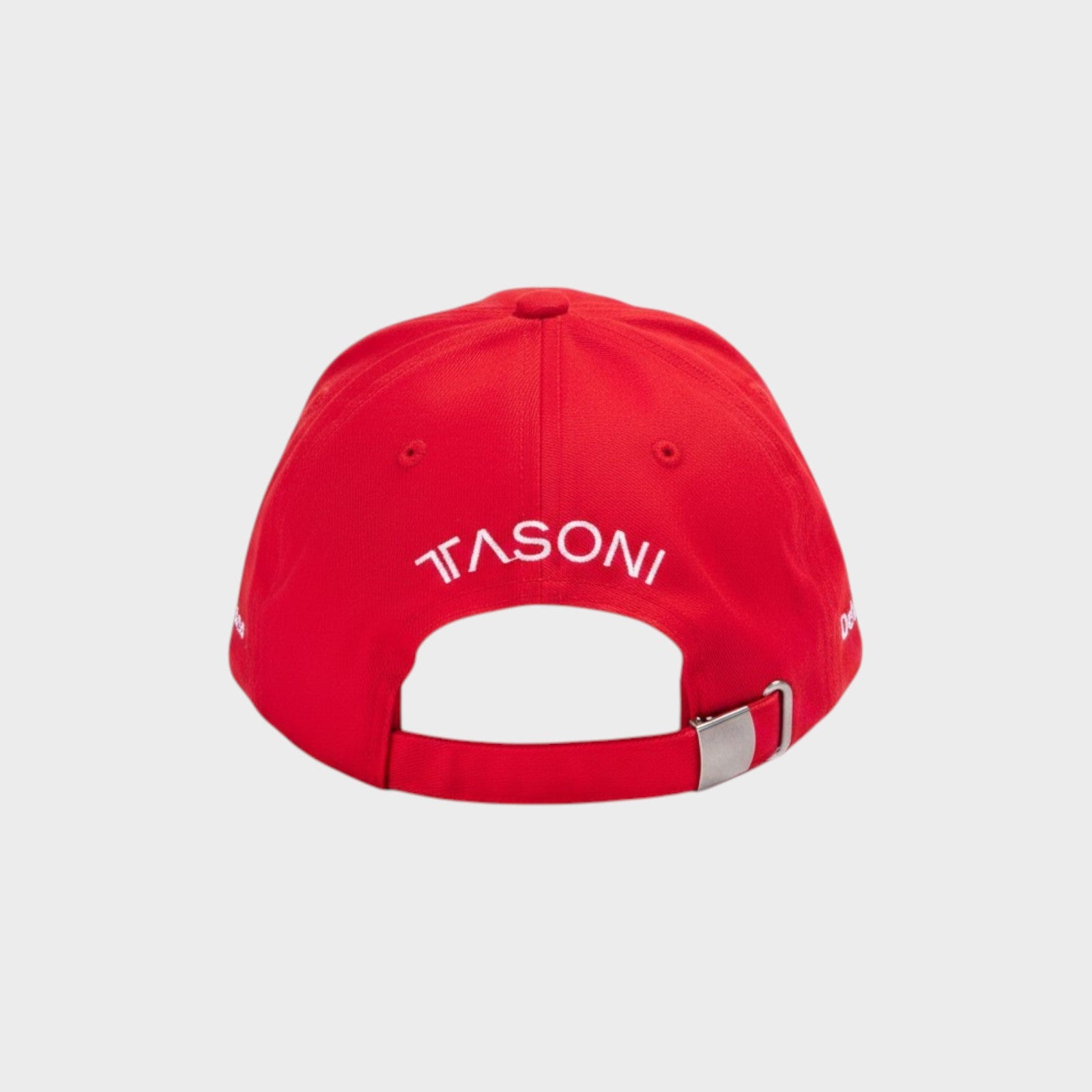 Tasoni x Mitchell Anderson red baseball cap with white embroidered logo on back and adjustable strap.