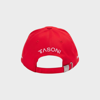 Tasoni x Mitchell Anderson red baseball cap with white embroidered logo on back and adjustable strap.