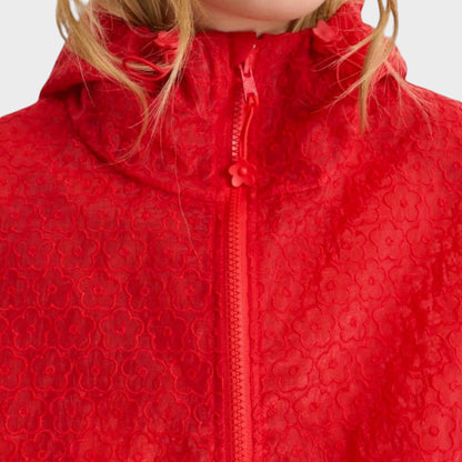 Tasoni red Cbaisha hooded blouson jacket with windflower embroidery and floral lace overlay.