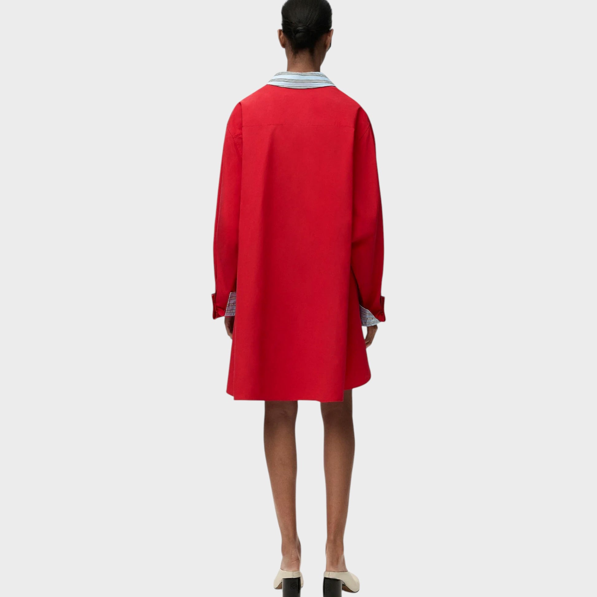 Tasoni red cotton shirt dress with a blue striped collar detail and cuffed sleeves.