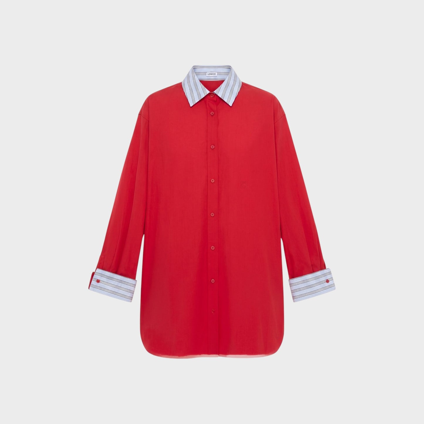 Tasoni red cotton shirt dress with a blue and white striped collar and cuffs. Features a subtle embroidered logo.