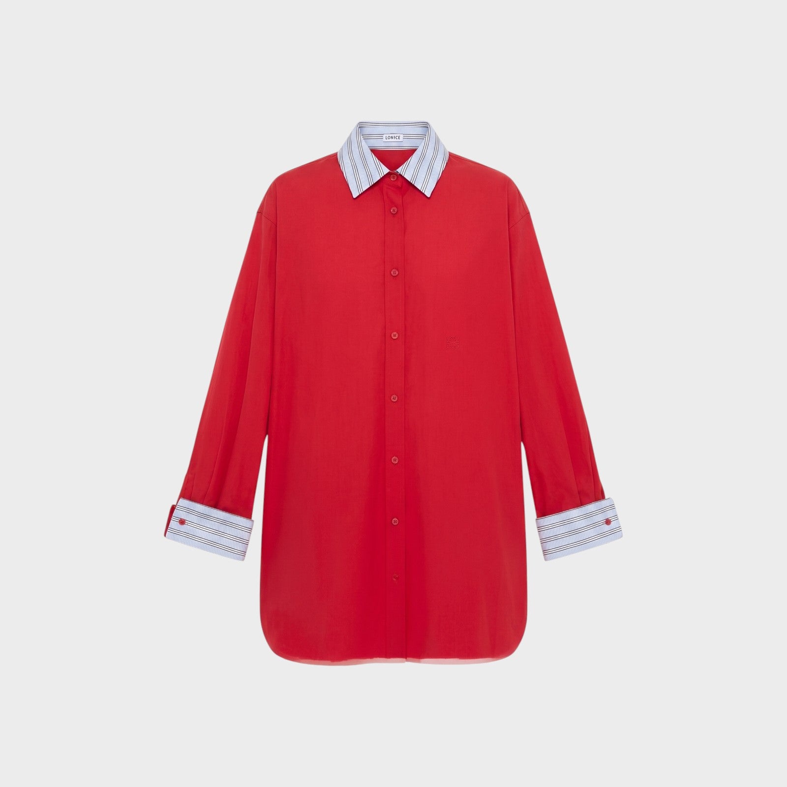 Tasoni red cotton shirt dress with a blue and white striped collar and cuffs. Features a subtle embroidered logo.