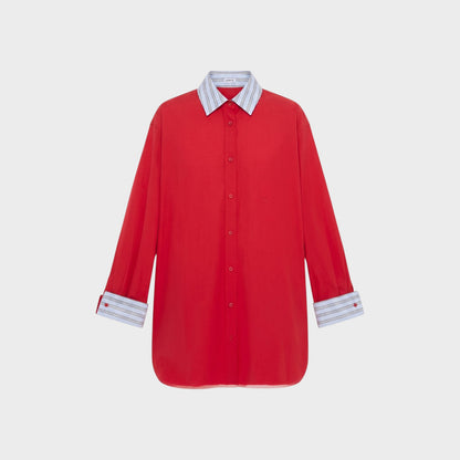 Tasoni red cotton shirt dress with a blue and white striped collar and cuffs. Features a subtle embroidered logo.