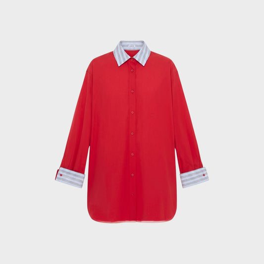 Tasoni red cotton shirt dress with a blue and white striped collar and cuffs. Features a subtle embroidered logo.