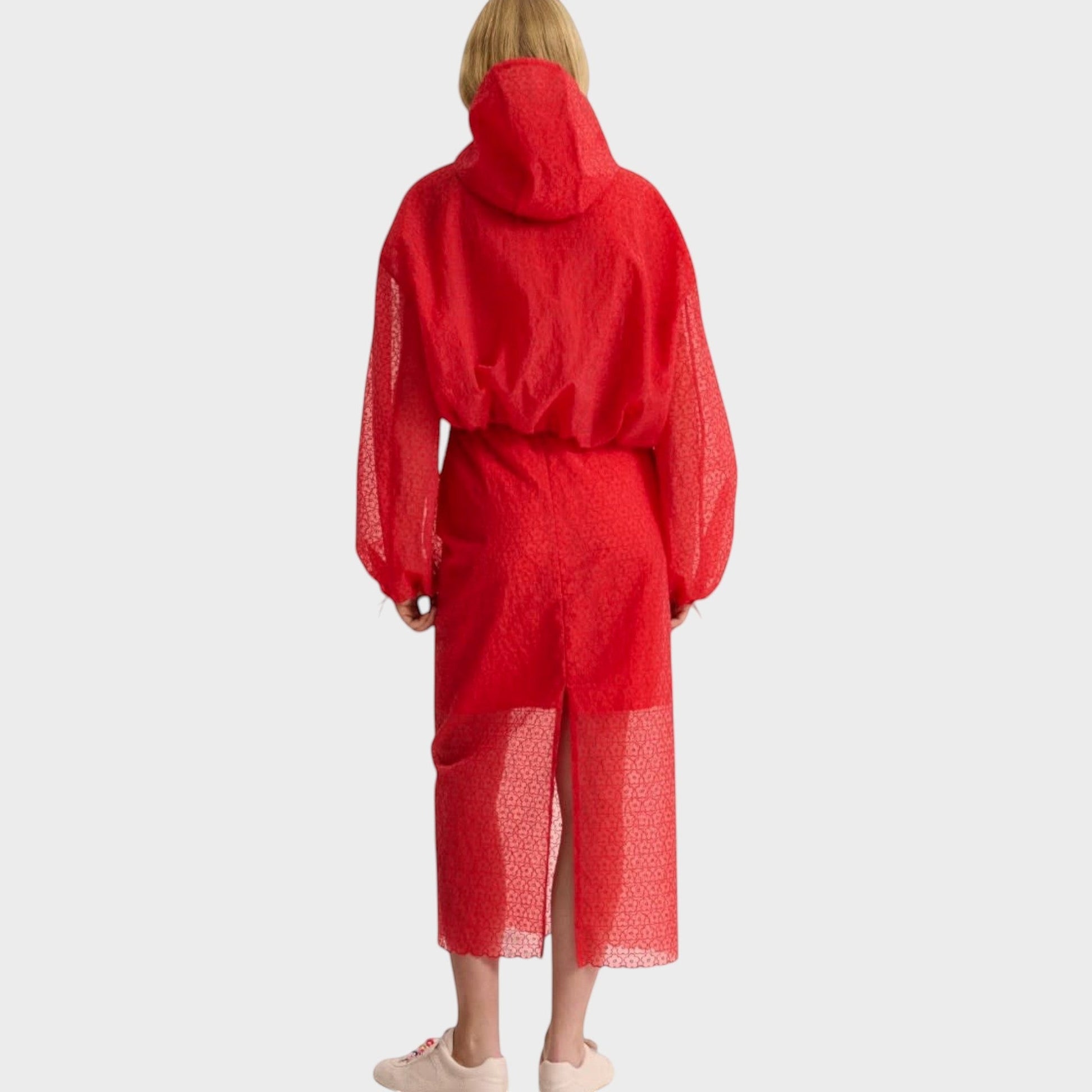 Tasoni red hooded blouson jacket with windflower embroidery and elasticated cuffs