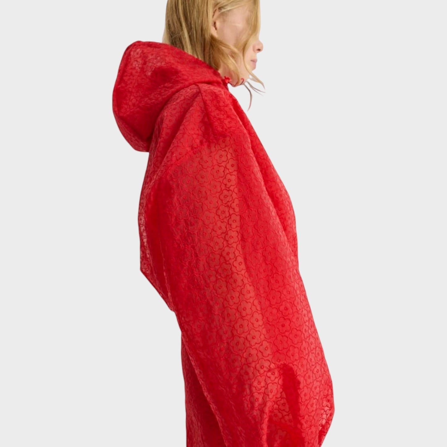Tasoni Cecilie Bahnsen red hooded blouson jacket with windflower embroidery. Lightweight, sheer fabric.