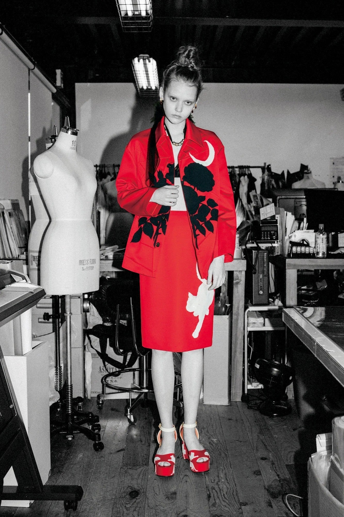 Tasoni red jacket with black rose and moon print, paired with a matching red skirt featuring a white cat motif.