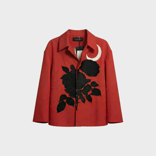 Tasoni red cotton blend jacket with classic collar, button-up front, and black rose and white moon embroidery.