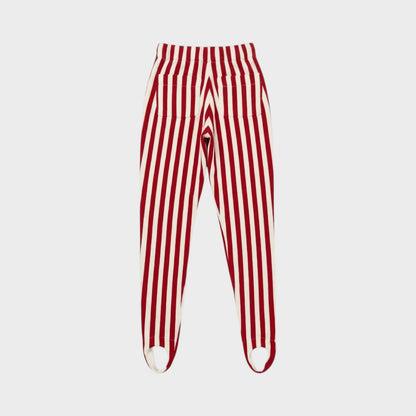 Tasoni red and white vertical stripe wool stirrup trousers with elastic waist.