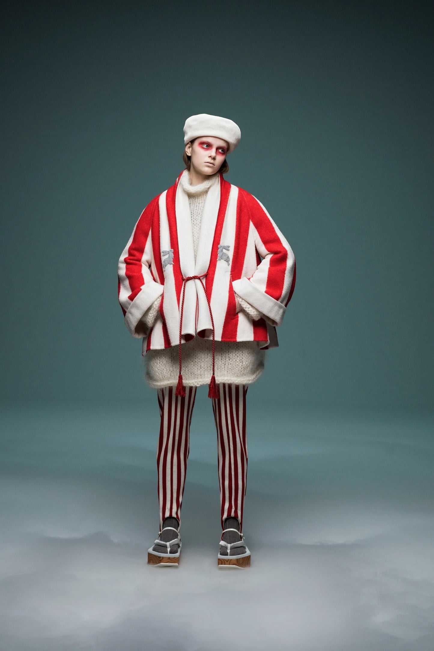 Tasoni red and white striped wool and cashmere coat with rabbit sequin embroidery and tassel tie