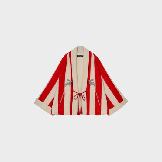 Tasoni red and cream striped wool and cashmere coat with rabbit sequin embroidery and tassel tie closure.