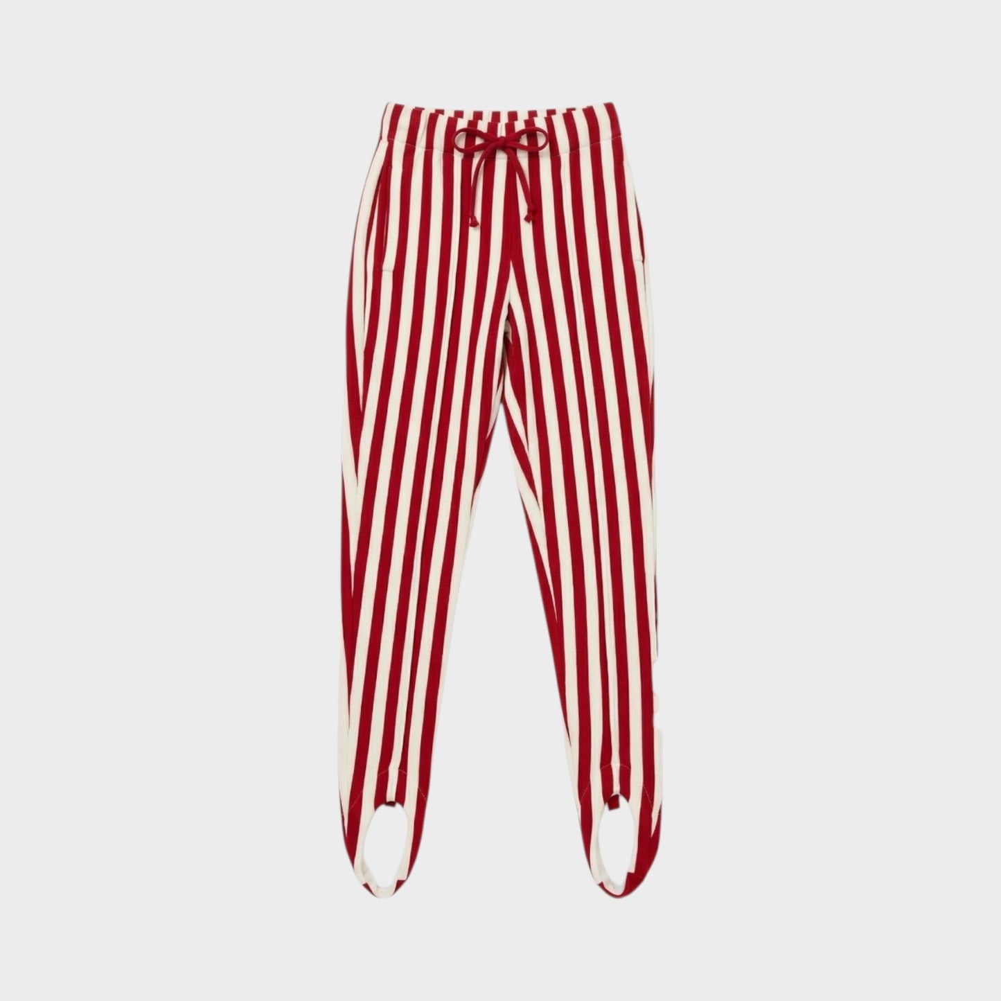 Tasoni red and white striped wool stirrup trousers with elastic waist and drawstring.