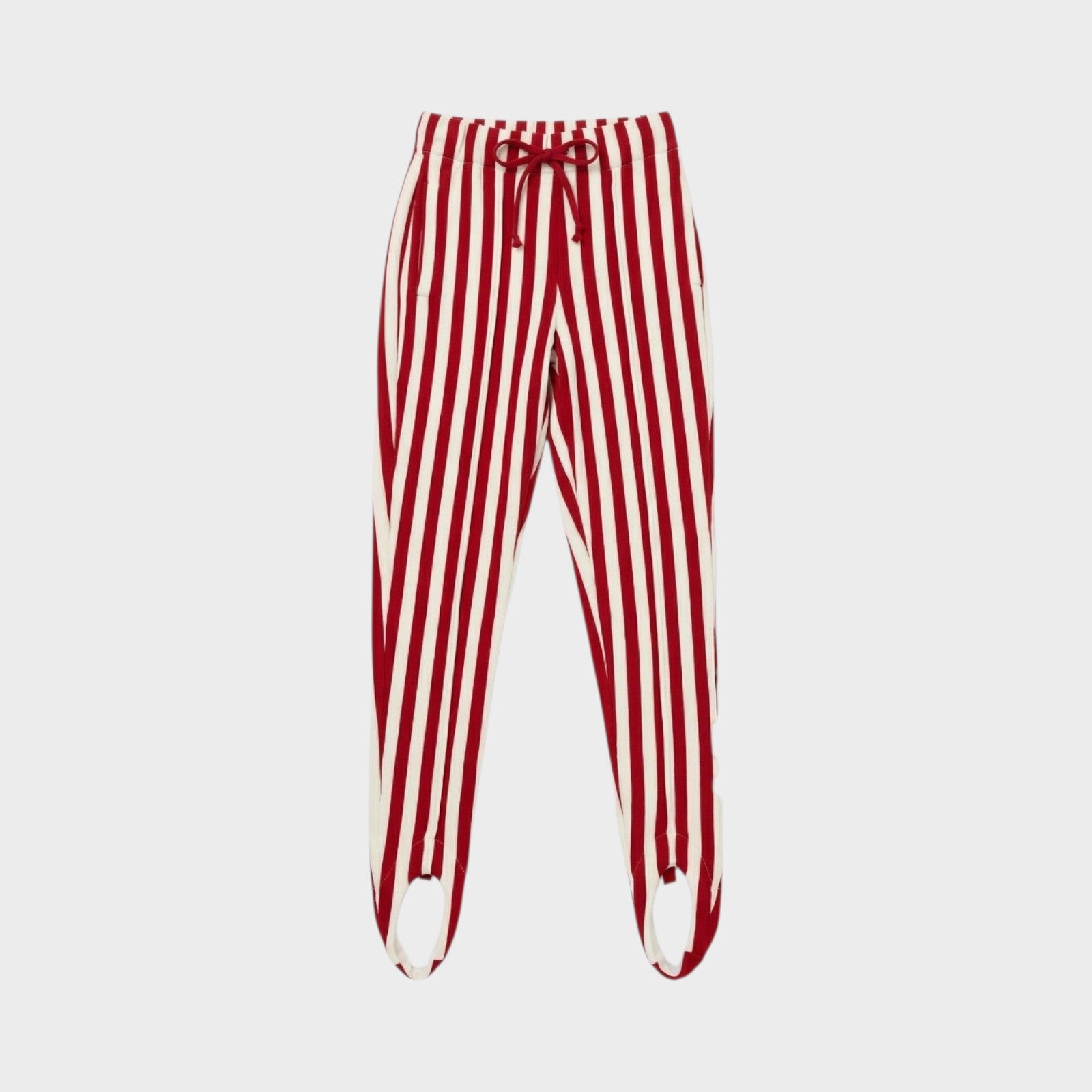 Tasoni red and white striped wool stirrup trousers with elastic waist and drawstring.