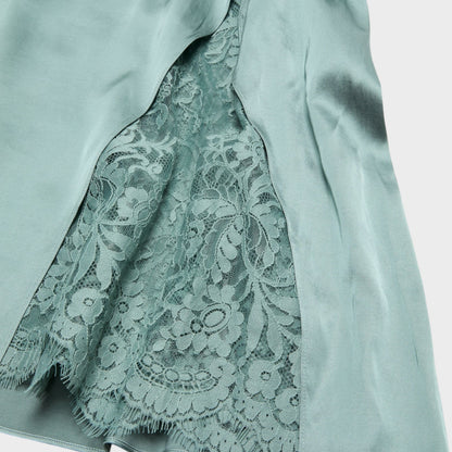 Tasoni sage green sleeveless slip midi dress with lace panel detail and frayed hem.