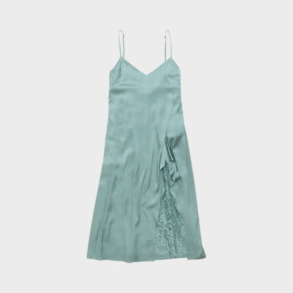 Tasoni sage green sleeveless slip midi dress with lace detail and V-neckline.