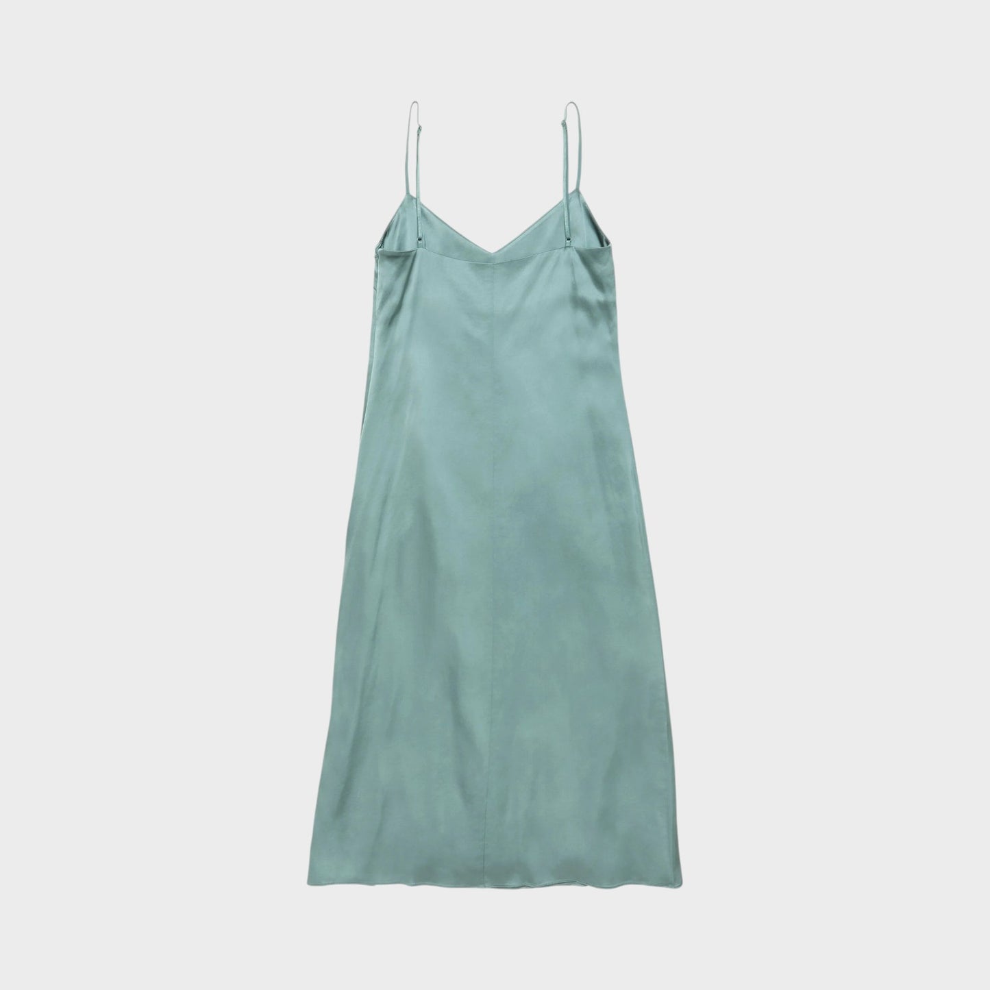 Tasoni sage green sleeveless slip midi dress with thin straps and a V-neckline, featuring delicate lace trim.