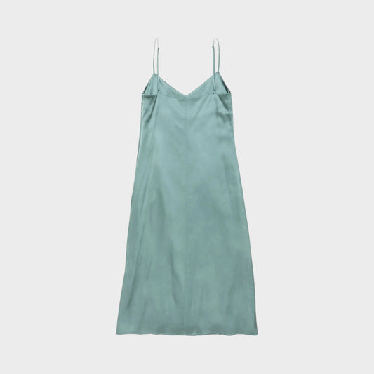 Tasoni sage green sleeveless slip midi dress with thin straps and a V-neckline, featuring delicate lace trim.