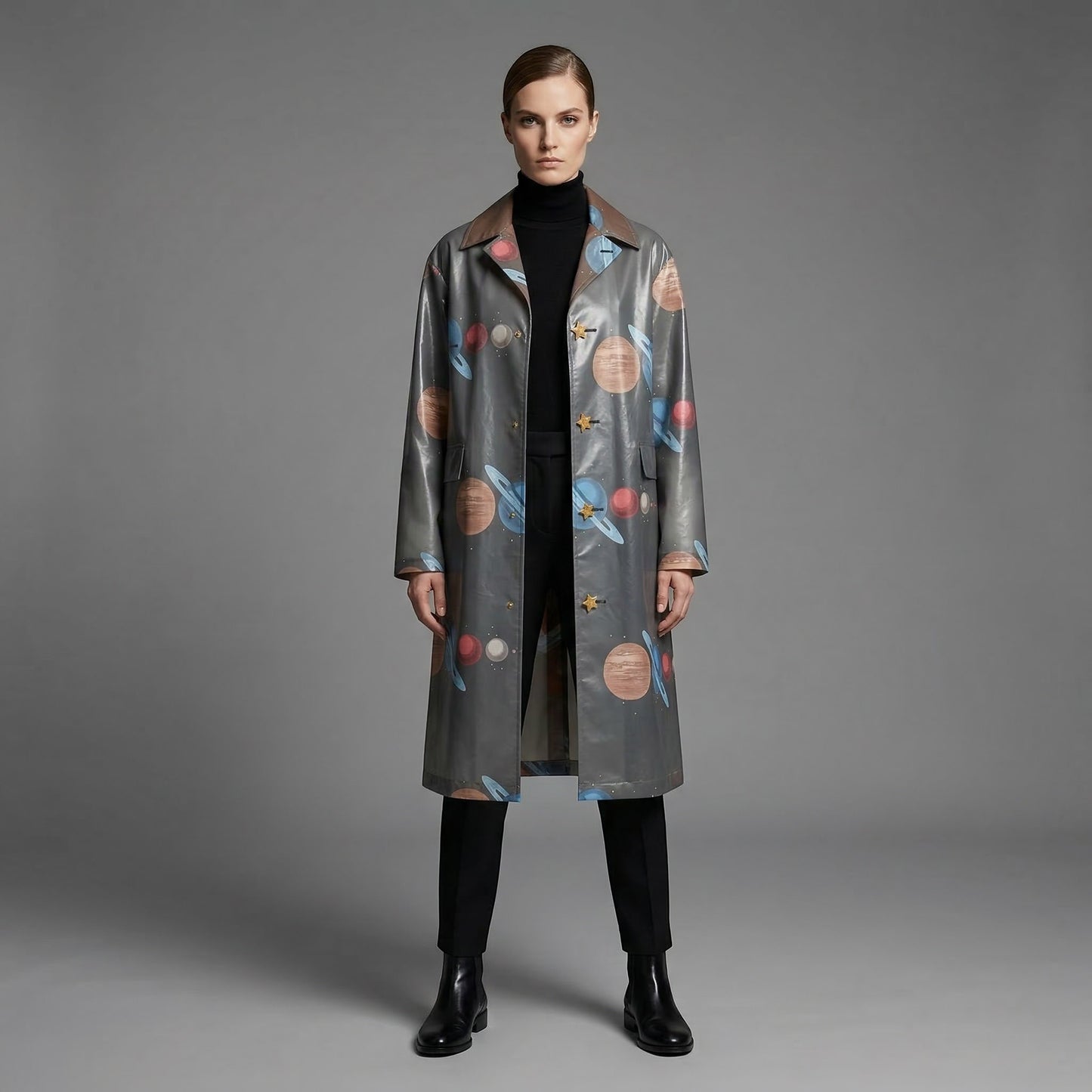 Tasoni grey sheer coat with a playful planet print, featuring a classic collar and button-down front.