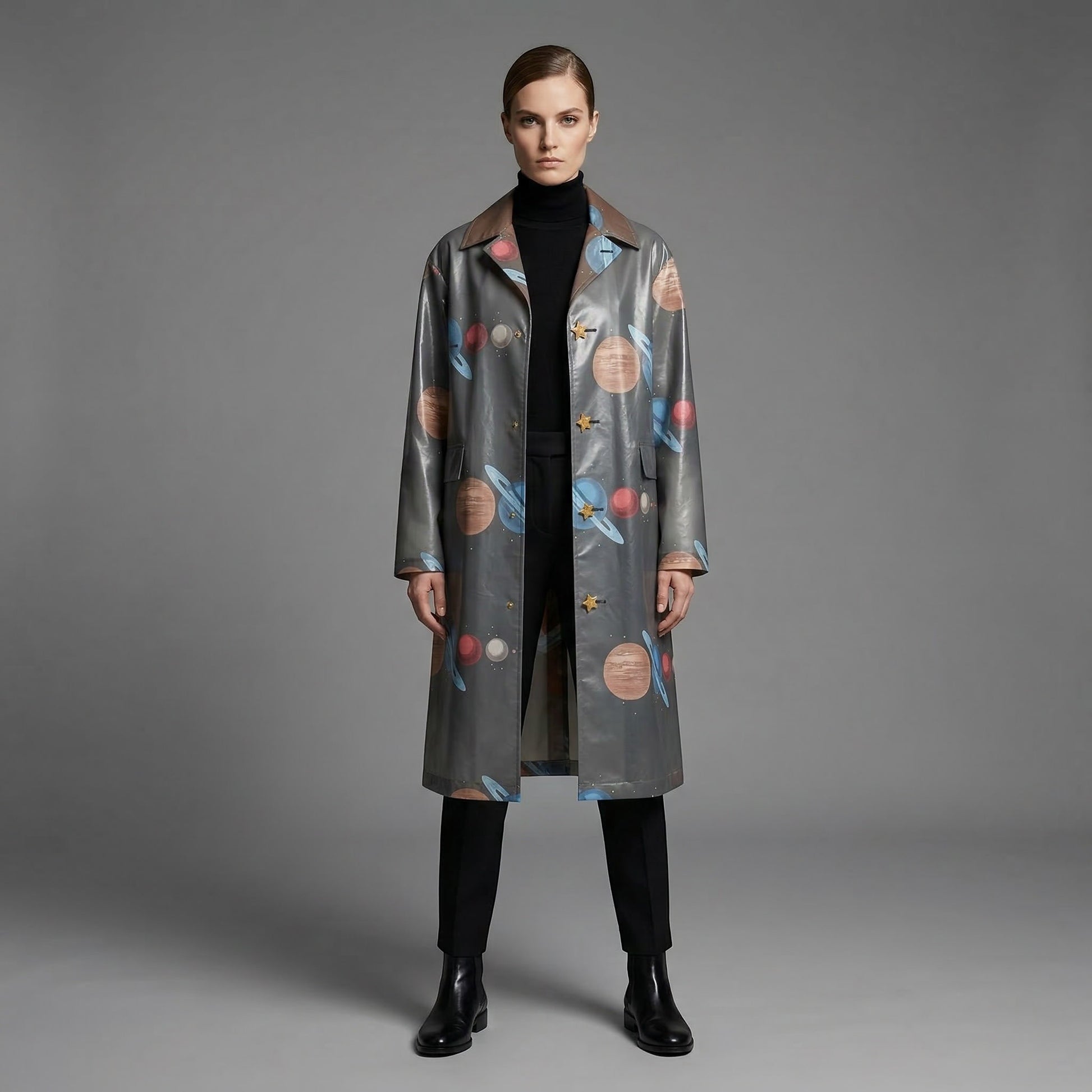 Tasoni grey sheer coat with a playful planet print, featuring a classic collar and button-down front.