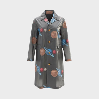 Tasoni grey sheer coat with a fun all-over print of planets and stars. Features a classic collar, button-up front, and two front pockets.