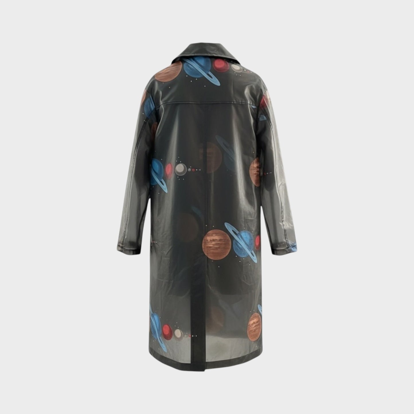 Tasoni black sheer coat with a colourful planets print, long sleeves, and a collared neckline.