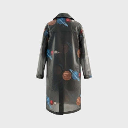 Tasoni black sheer coat with a colourful planets print, long sleeves, and a collared neckline.