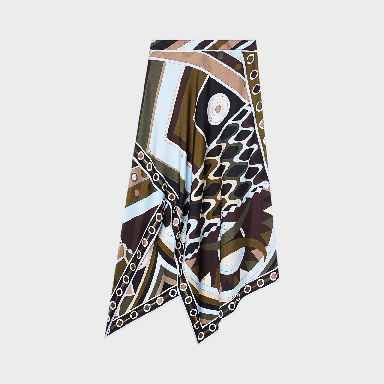 Tasoni long silk scarf skirt in khaki, blue, brown, and black abstract geometric print with Vivara pattern.