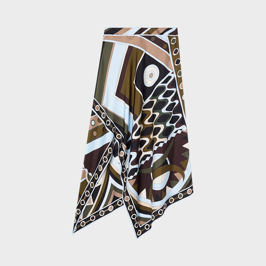 Tasoni long silk scarf skirt in khaki, blue, brown, and black abstract geometric print with Vivara pattern.