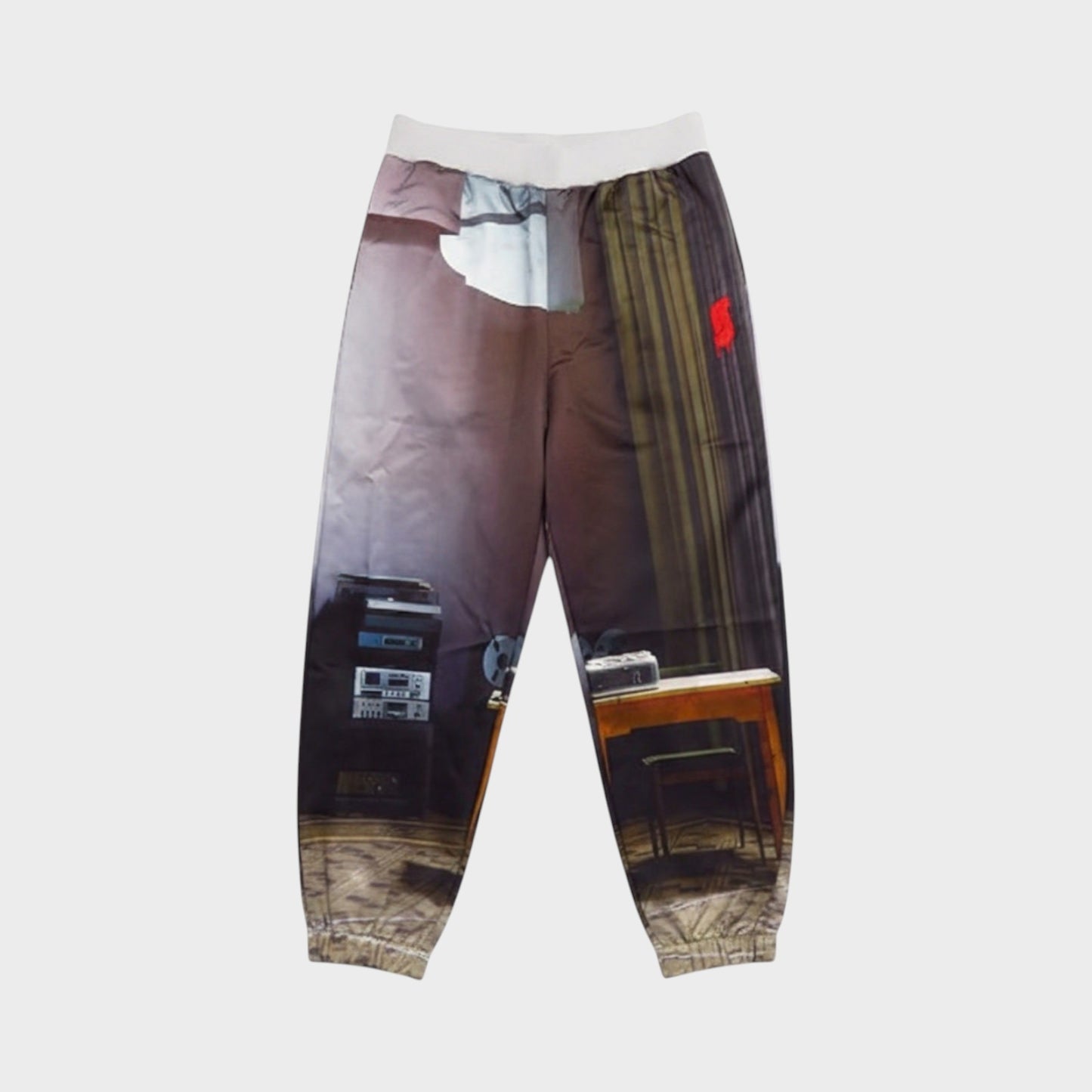 Tasoni silk elastic waist sweatpants with a realistic print of a room interior, featuring audio equipment and curtains.