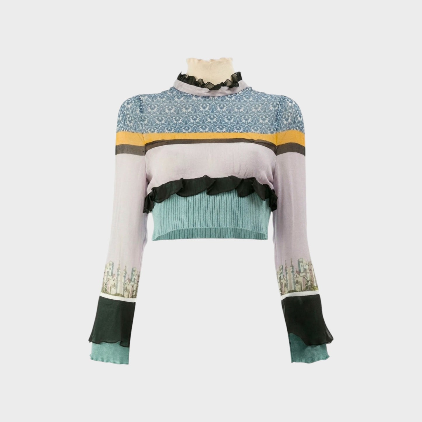 Tasoni Undercover Silk Top with a high neck, ruffles, and a pastel striped pattern with city skyline print on sleeves.