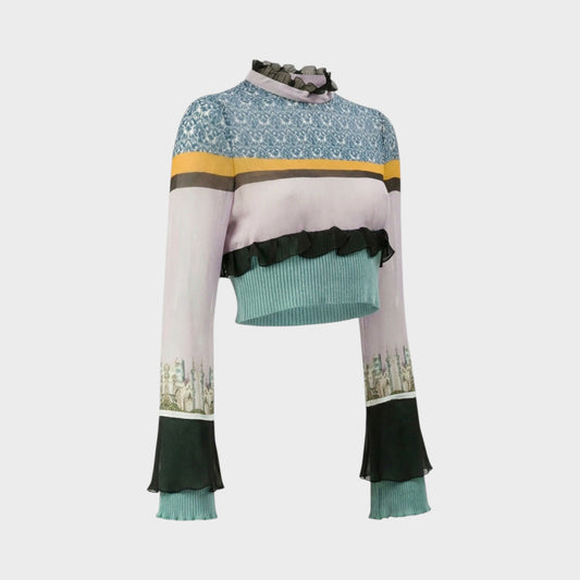 Tasoni Undercover Silk Top with a high neck, ruffles, and a colourful striped pattern. Features flared sleeves with a scenic print.