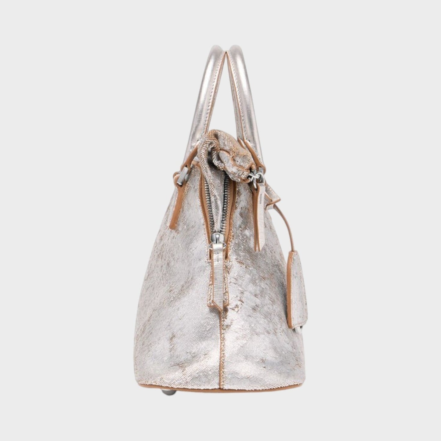 Tasoni Maison Margiela soft 5AC mini bag in distressed silver leather with light brown trim and top handles.