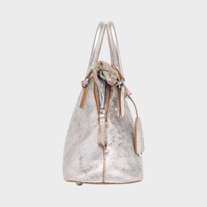 Tasoni Maison Margiela soft 5AC mini bag in distressed silver leather with light brown trim and top handles.